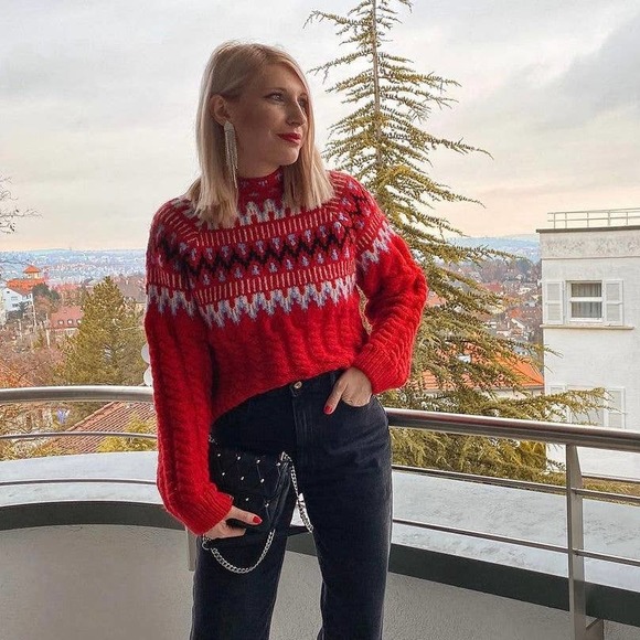 ZARA WOOL CABLE KNIT JACQUARD SWEATER RED - Picture 5 of 15